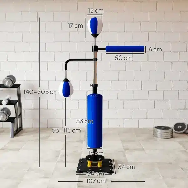 Soporte de boxeo, dos speedballs, barra de boxeo giratoria, protector de patadas, ajustable en altura, acero, 107 x 36 x 140-205 cm, Azul - Imagen 6