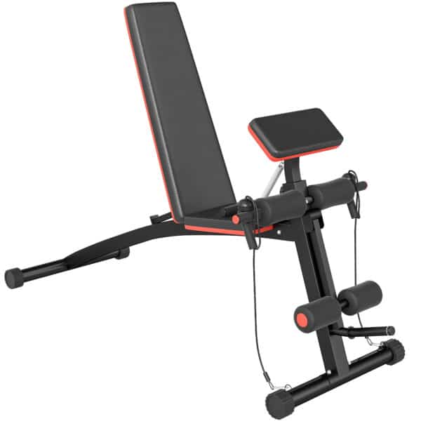 Banco de Musculación Plegable, Banco de Pesas, Respaldo Inclinable de 7 Niveles, Extensión de Pierna, Cojín de Predicador, Banda de Resistencia, para Entrenamiento Completo, Casa Gimnasio