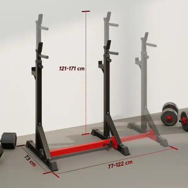Soporte para Pesas Estante Soporte Barra Pesas Ajustable para Ejercicios Sentadillas en Hogar y Oficina Carga 150 kg de Acero Altura Regulable de 121-171 cm Negro y Rojo - Imagen 10