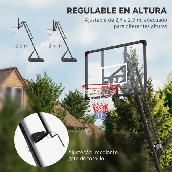 Canasta de Baloncesto Ajustable 236-293 cm con Ruedas Tablero de PC Base Rellenable para Exterior Negro - Imagen 8