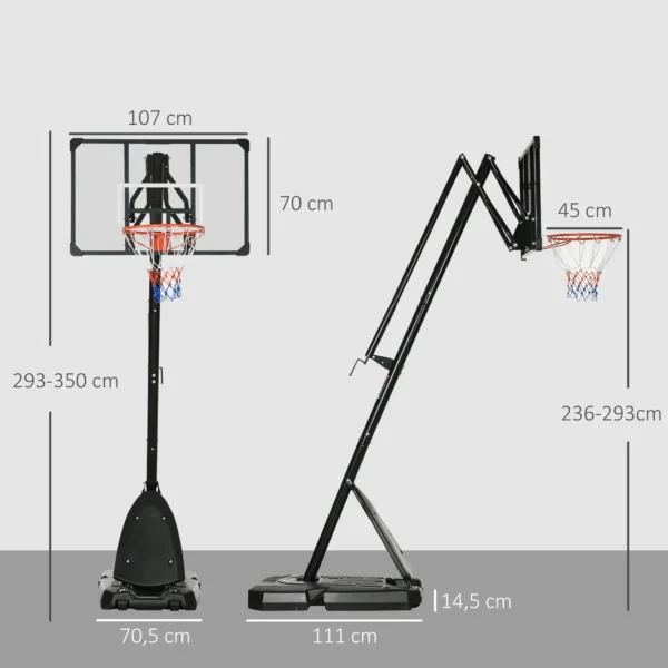 Canasta de Baloncesto Ajustable 236-293 cm con Ruedas Tablero de PC Base Rellenable para Exterior Negro - Imagen 9