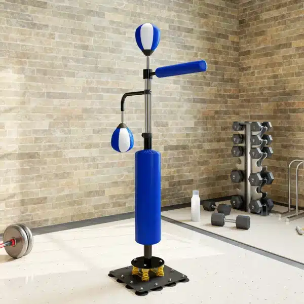 Soporte de boxeo, dos speedballs, barra de boxeo giratoria, protector de patadas, ajustable en altura, acero, 107 x 36 x 140-205 cm, Azul - Imagen 4