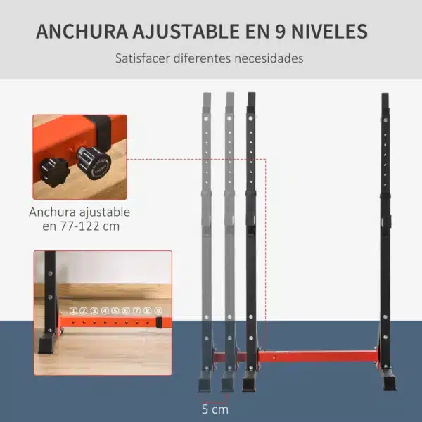 Soporte para Pesas Estante Soporte Barra Pesas Ajustable para Ejercicios Sentadillas en Hogar y Oficina Carga 150 kg de Acero Altura Regulable de 121-171 cm Negro y Rojo - Imagen 7
