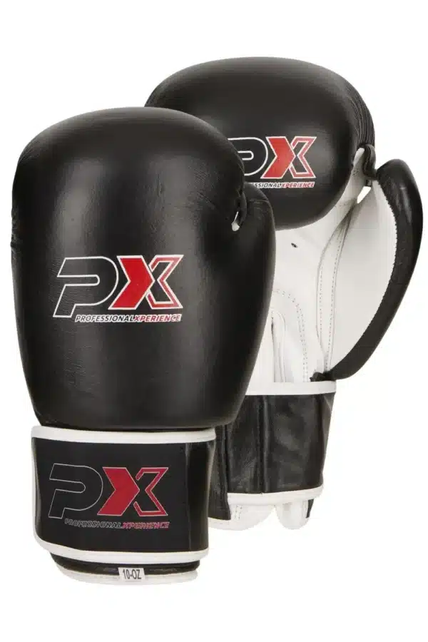 GUANTES BOXEO DE CUERO NEGRO-BLANCO/NEGRO-GRIS PX 8/10/12/14/16 ONZAS