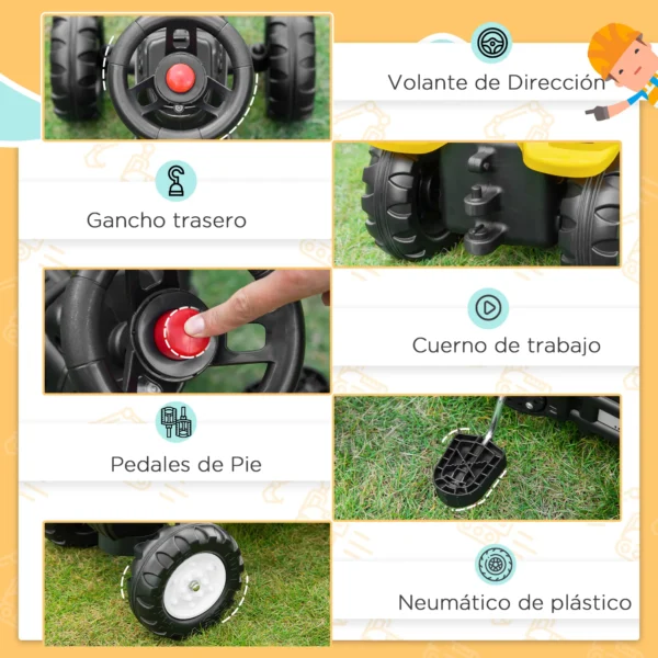 Tractor a Pedales para Niños de +3 Años con Pala Delantera y Bocina Carga 35kg Tractor Infantil 107x42x71 cm Amarillo - Imagen 7