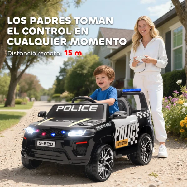 Coche Eléctrico para Niños de Policía con Mando a Distancia Motor Doble Sirena Suspensión en 4 Ruedas y Faros Negro - Imagen 8