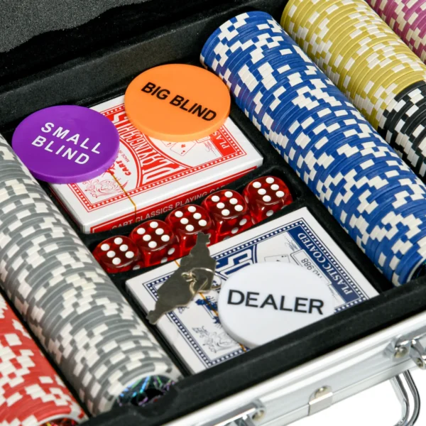 Set de Póker con 500 Fichas 2 Barajas de Cartas Dados Tapete y Botón de Crupier Set de Casino Texas Hold'em con Maletín - Imagen 5