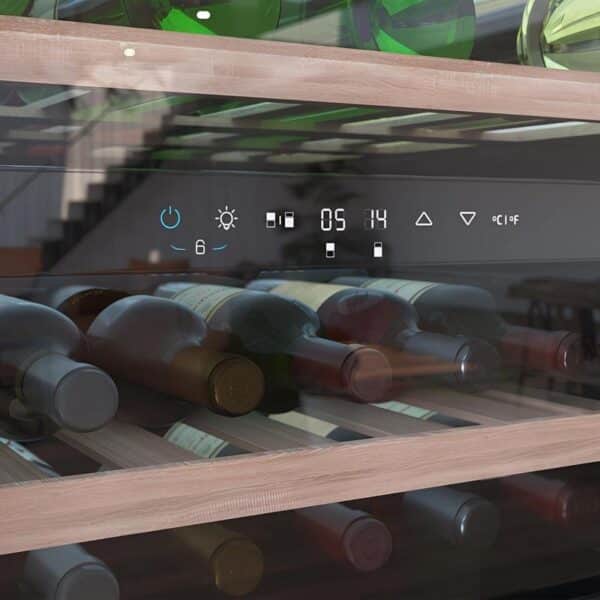 GrandSommelier Duo 36000 Touch Black Compressor Vinoteca completamente integrable con cristal negro, Apertura táctil mediante sensor, Doble zona temperatura 5ºC a 20ºC, Capacidad 36 Botellas, Dimensiones 60x60cm, Iluminación LED interior, Compresor integrado, Display LED Interior, Funcionamiento silencioso, 3 Estantes madera Vinoteca - Imagen 8