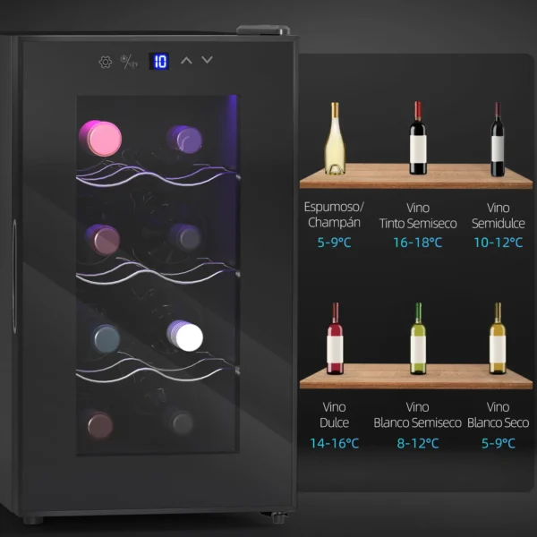 Vinoteca 8 Botellas con Doble Refrigeración Termoeléctrica Temperatura Ajustable 8-18℃ Puerta de Vidrio Negro - Imagen 4