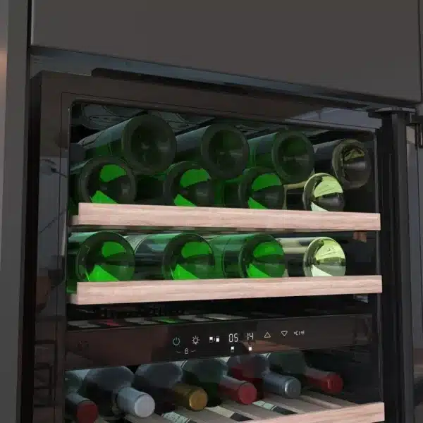 GrandSommelier Duo 36000 Touch Black Compressor Vinoteca completamente integrable con cristal negro, Apertura táctil mediante sensor, Doble zona temperatura 5ºC a 20ºC, Capacidad 36 Botellas, Dimensiones 60x60cm, Iluminación LED interior, Compresor integrado, Display LED Interior, Funcionamiento silencioso, 3 Estantes madera Vinoteca - Imagen 7