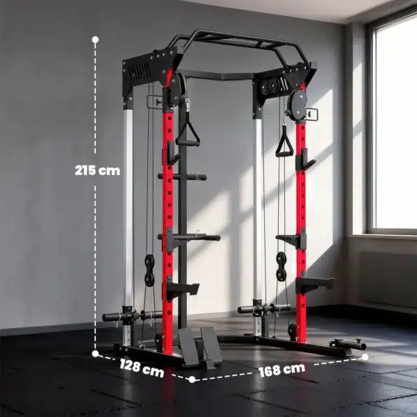 Jaula de Potencia Smith Machine, Rack para Sentadillas con Sistema Polea Ajustable Barra Dominadas y Estación de Fondos - Imagen 10