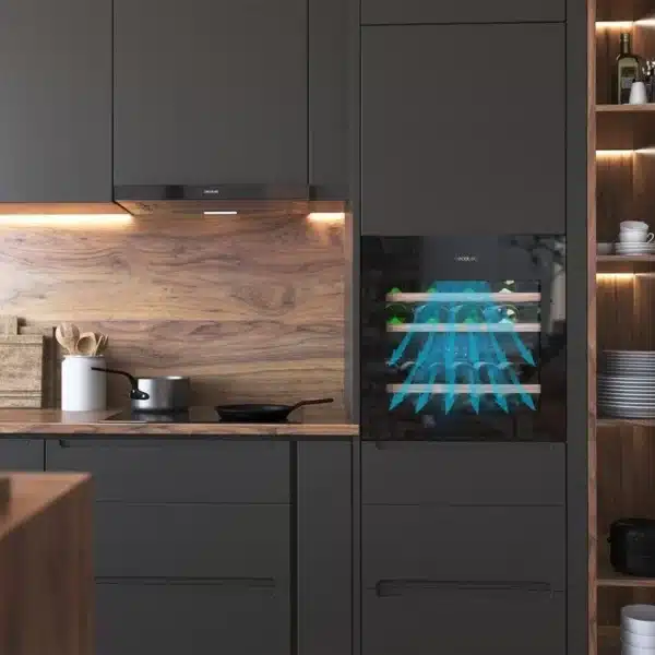 GrandSommelier Duo 36000 Touch Black Compressor Vinoteca completamente integrable con cristal negro, Apertura táctil mediante sensor, Doble zona temperatura 5ºC a 20ºC, Capacidad 36 Botellas, Dimensiones 60x60cm, Iluminación LED interior, Compresor integrado, Display LED Interior, Funcionamiento silencioso, 3 Estantes madera Vinoteca - Imagen 6