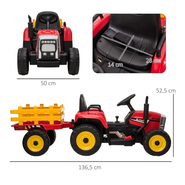 ractor Eléctrico con Remolque para Niños 3-6 Años con Control Remoto y Cinturón de Seguridad 136,5x50x52,5 cm Rojo - Imagen 10