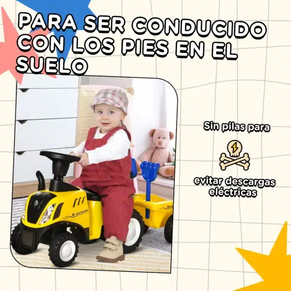 Tractor para Niños de 12-36 Meses con Remolque Extraíble Coche Correpasillos con Bocina Faros Pala Asiento de Suelo 25 cm y Rastrillo Carga 25 kg 91x29x44 cm Amarillo - Imagen 6
