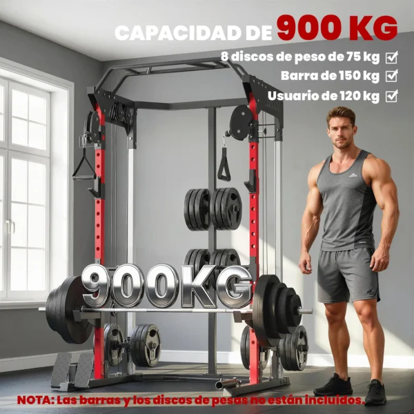 Jaula de Potencia Smith Machine, Rack para Sentadillas con Sistema Polea Ajustable Barra Dominadas y Estación de Fondos - Imagen 8