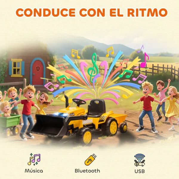 Tractor Eléctrico para Niños con Remolque Desmontable y Pala Batería 12V Motor Doble Control Remoto 2,4G Luces Música - Imagen 4