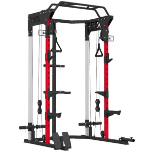 Jaula de Potencia Smith Machine, Rack para Sentadillas con Sistema Polea Ajustable Barra Dominadas y Estación de Fondos