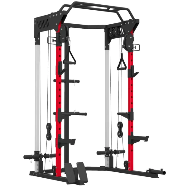 Jaula de Potencia Smith Machine, Rack para Sentadillas con Sistema Polea Ajustable Barra Dominadas y Estación de Fondos