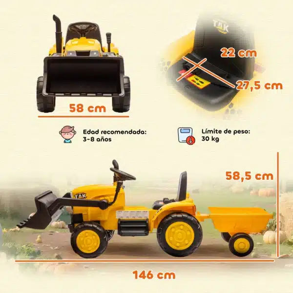 Tractor Eléctrico para Niños con Remolque Desmontable y Pala Batería 12V Motor Doble Control Remoto 2,4G Luces Música - Imagen 10