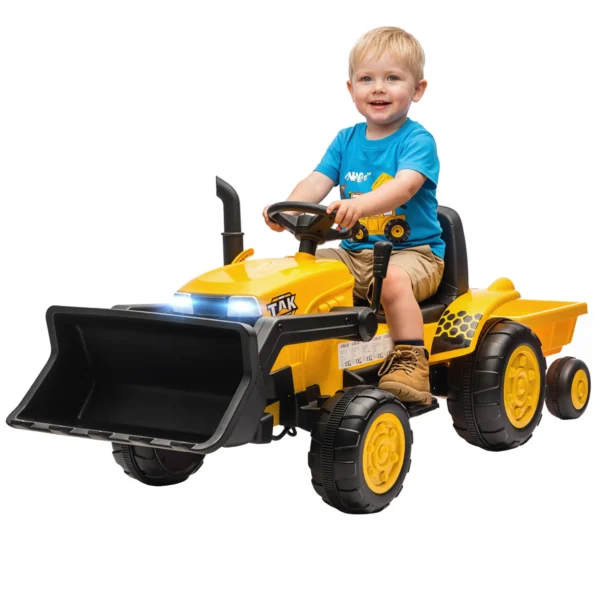 Tractor Eléctrico para Niños con Remolque Desmontable y Pala Batería 12V Motor Doble Control Remoto 2,4G Luces Música