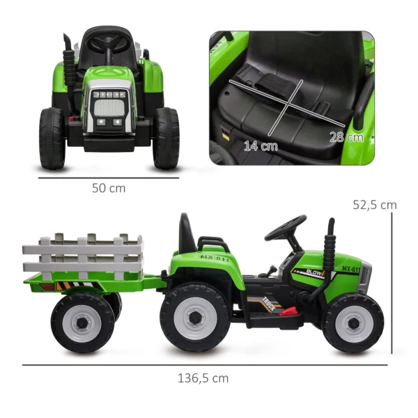ractor Eléctrico con Remolque para Niños 3-6 Años con Control Remoto y Cinturón de Seguridad 136,5x50x52,5 cm Rojo - Imagen 12