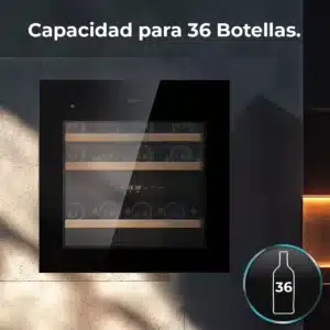 GrandSommelier Duo 36000 Touch Black Compressor Vinoteca completamente integrable con cristal negro, Apertura táctil mediante sensor, Doble zona temperatura 5ºC a 20ºC, Capacidad 36 Botellas, Dimensiones 60x60cm, Iluminación LED interior, Compresor integrado, Display LED Interior, Funcionamiento silencioso, 3 Estantes madera Vinoteca