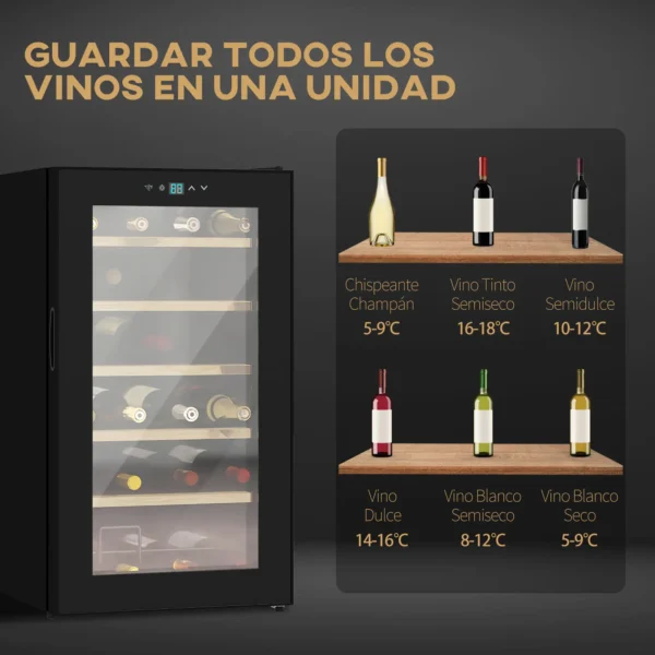 Nevera Vinos 24 Botellas 65L con Luz LED Interior Pantalla Táctil Puerta de Vidrio y 5 Estantes de Metal Negro - Imagen 9
