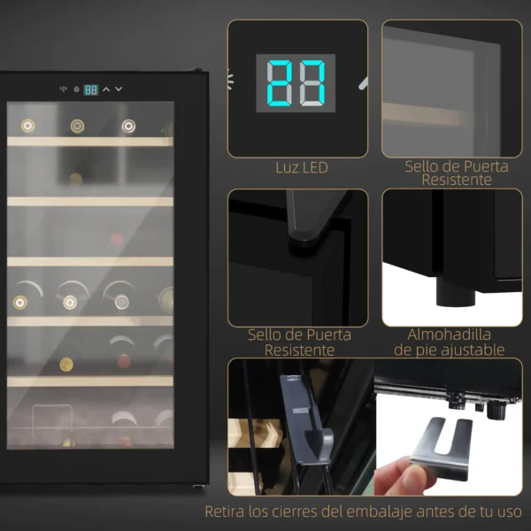 Nevera Vinos 24 Botellas 65L con Luz LED Interior Pantalla Táctil Puerta de Vidrio y 5 Estantes de Metal Negro - Imagen 8