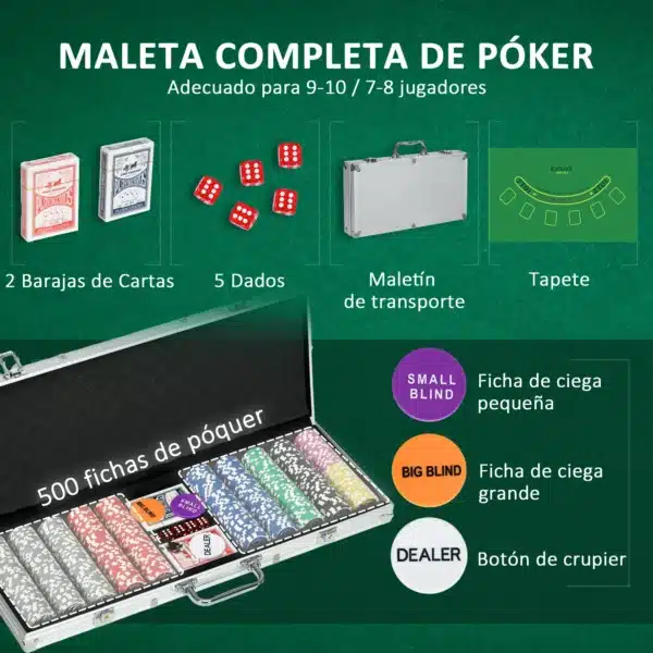 Set de Póker con 500 Fichas 2 Barajas de Cartas Dados Tapete y Botón de Crupier Set de Casino Texas Hold'em con Maletín - Imagen 9