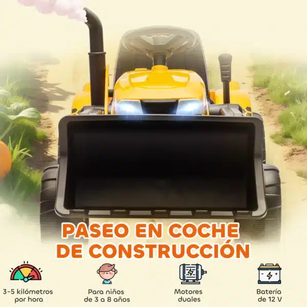 Tractor Eléctrico para Niños con Remolque Desmontable y Pala Batería 12V Motor Doble Control Remoto 2,4G Luces Música - Imagen 9