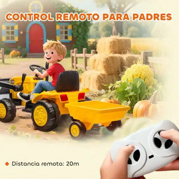 Tractor Eléctrico para Niños con Remolque Desmontable y Pala Batería 12V Motor Doble Control Remoto 2,4G Luces Música - Imagen 7