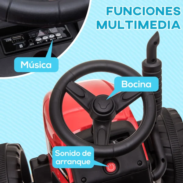 ractor Eléctrico con Remolque para Niños 3-6 Años con Control Remoto y Cinturón de Seguridad 136,5x50x52,5 cm Rojo - Imagen 7