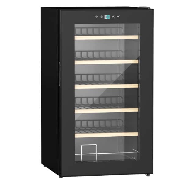 Nevera Vinos 24 Botellas 65L con Luz LED Interior Pantalla Táctil Puerta de Vidrio y 5 Estantes de Metal Negro - Imagen 12