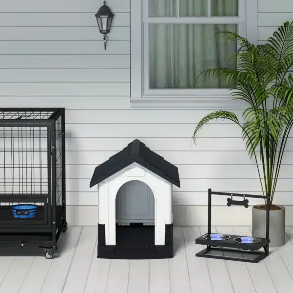 Caseta para Perros Mini para Exterior de Plástico con 3 Ventanas Base Elevada Techo Inclinado 64,5x57x66 cm Azul/NEGRA - Imagen 4