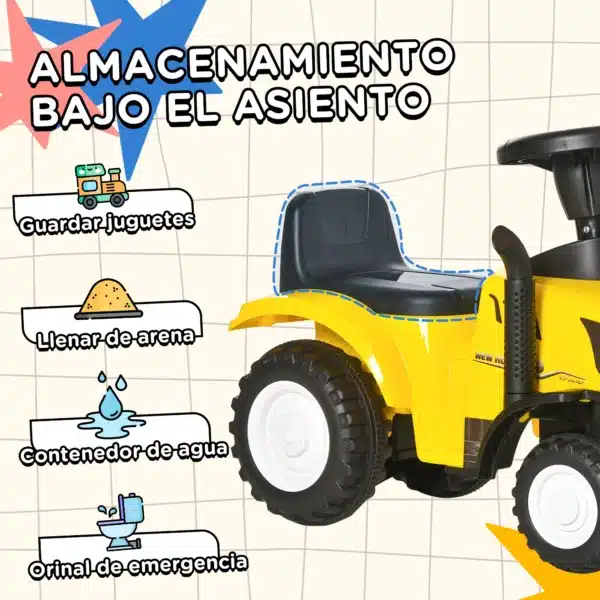 Tractor para Niños de 12-36 Meses con Remolque Extraíble Coche Correpasillos con Bocina Faros Pala Asiento de Suelo 25 cm y Rastrillo Carga 25 kg 91x29x44 cm Amarillo - Imagen 8
