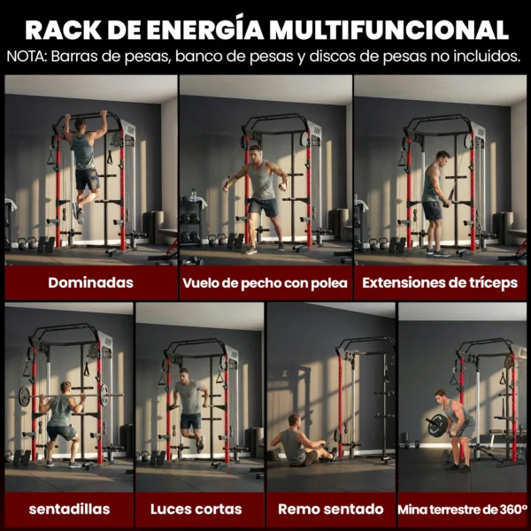 Jaula de Potencia Smith Machine, Rack para Sentadillas con Sistema Polea Ajustable Barra Dominadas y Estación de Fondos - Imagen 9