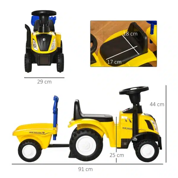 Tractor para Niños de 12-36 Meses con Remolque Extraíble Coche Correpasillos con Bocina Faros Pala Asiento de Suelo 25 cm y Rastrillo Carga 25 kg 91x29x44 cm Amarillo - Imagen 10