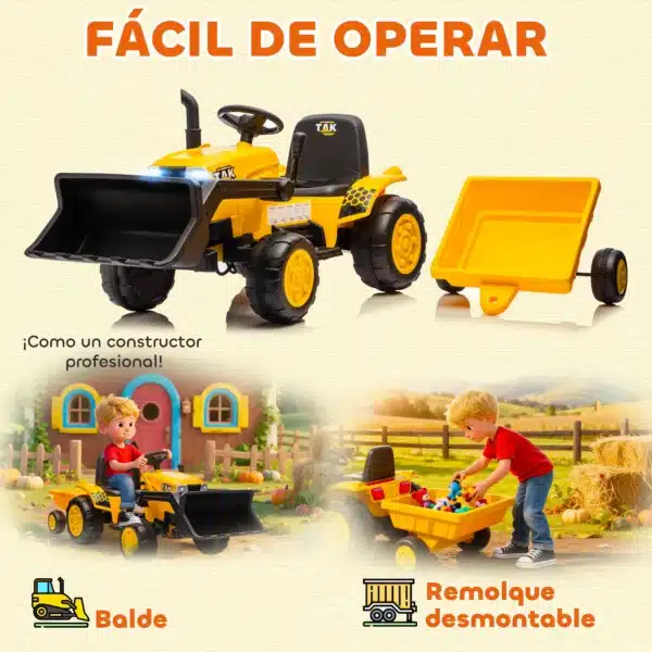Tractor Eléctrico para Niños con Remolque Desmontable y Pala Batería 12V Motor Doble Control Remoto 2,4G Luces Música - Imagen 8