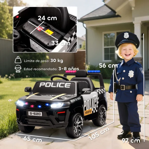 Coche Eléctrico para Niños de Policía con Mando a Distancia Motor Doble Sirena Suspensión en 4 Ruedas y Faros Negro - Imagen 10