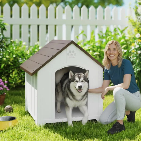 Caseta para Perros Exterior Casa para Perros Extragrandes de Plástico con 2 Ventanas Base Elevada Estacas Marrón Oscuro - Imagen 11