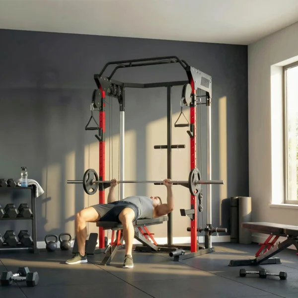 Jaula de Potencia Smith Machine, Rack para Sentadillas con Sistema Polea Ajustable Barra Dominadas y Estación de Fondos - Imagen 4
