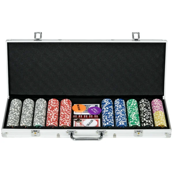 Set de Póker con 500 Fichas 2 Barajas de Cartas Dados Tapete y Botón de Crupier Set de Casino Texas Hold'em con Maletín - Imagen 3