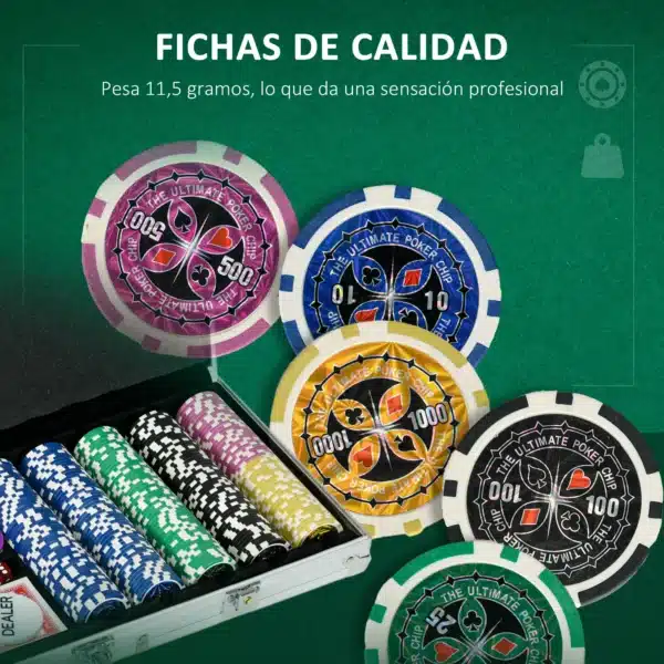 Set de Póker con 500 Fichas 2 Barajas de Cartas Dados Tapete y Botón de Crupier Set de Casino Texas Hold'em con Maletín - Imagen 8