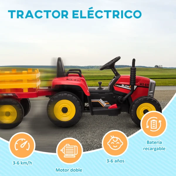 ractor Eléctrico con Remolque para Niños 3-6 Años con Control Remoto y Cinturón de Seguridad 136,5x50x52,5 cm Rojo - Imagen 5
