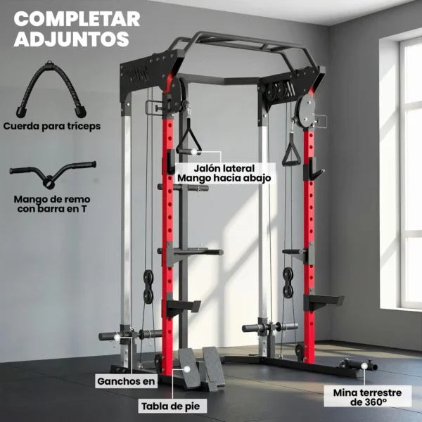 Jaula de Potencia Smith Machine, Rack para Sentadillas con Sistema Polea Ajustable Barra Dominadas y Estación de Fondos - Imagen 7