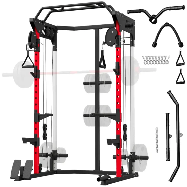 Jaula de Potencia Smith Machine, Rack para Sentadillas con Sistema Polea Ajustable Barra Dominadas y Estación de Fondos - Imagen 3