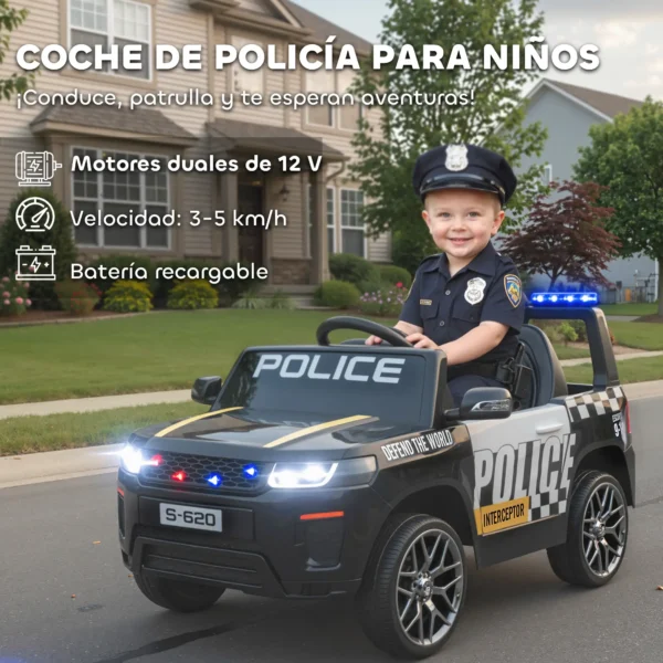Coche Eléctrico para Niños de Policía con Mando a Distancia Motor Doble Sirena Suspensión en 4 Ruedas y Faros Negro - Imagen 9