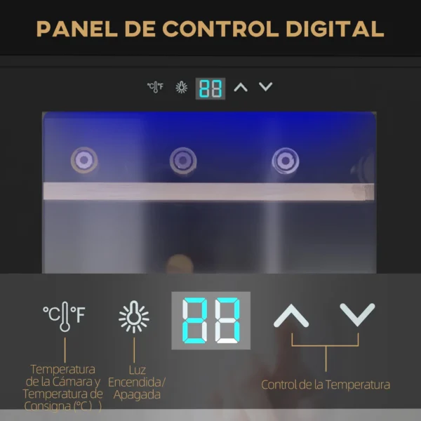 Nevera Vinos 24 Botellas 65L con Luz LED Interior Pantalla Táctil Puerta de Vidrio y 5 Estantes de Metal Negro - Imagen 7