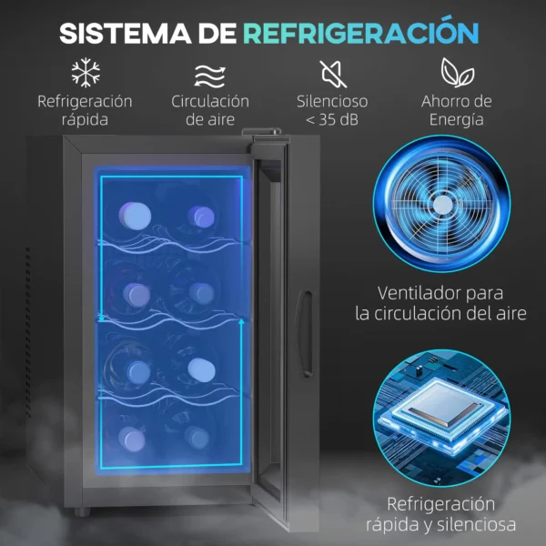 Vinoteca 8 Botellas con Doble Refrigeración Termoeléctrica Temperatura Ajustable 8-18℃ Puerta de Vidrio Negro - Imagen 9
