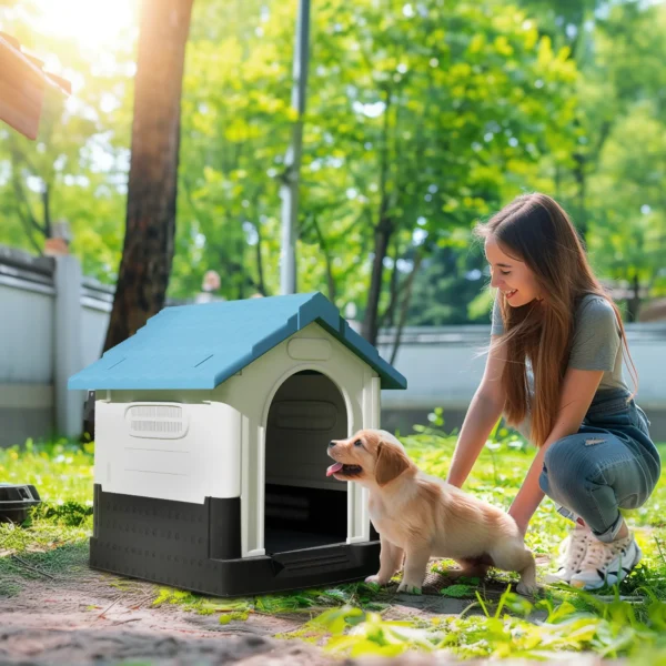 Caseta para Perros Mini para Exterior de Plástico con 3 Ventanas Base Elevada Techo Inclinado 64,5x57x66 cm Azul/NEGRA - Imagen 9